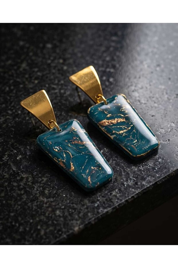 Green Gold Galaxy Polymer and Epoxy Handmade Nail Earrings (Stainless Steel Apparatus)