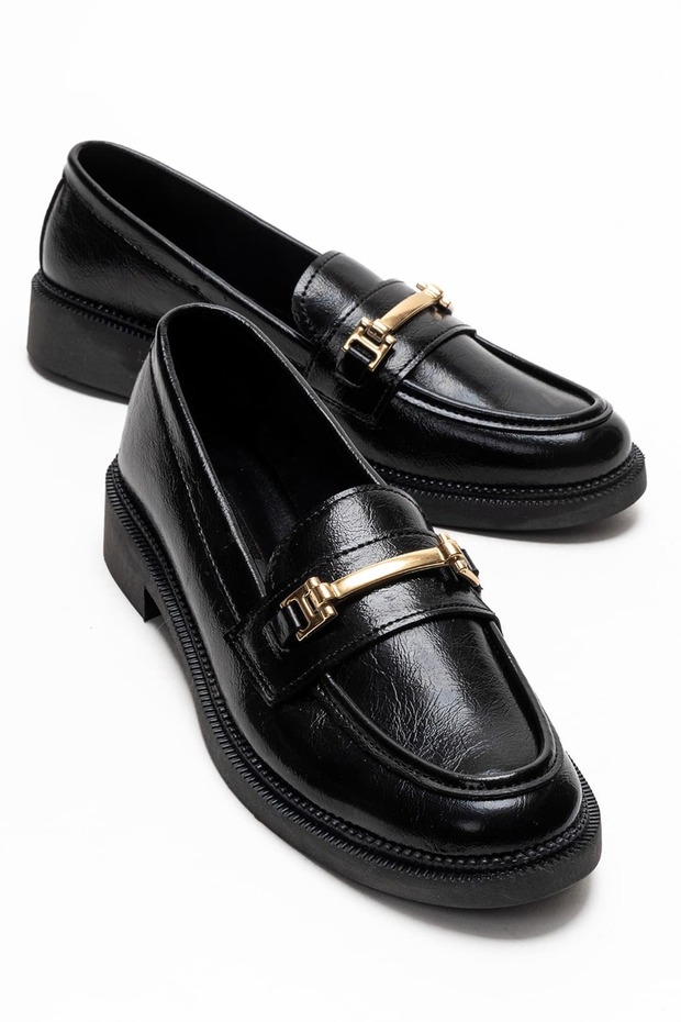 Women's Black Loafer with Gold Buckle, Casual Classic Stylish Shoes