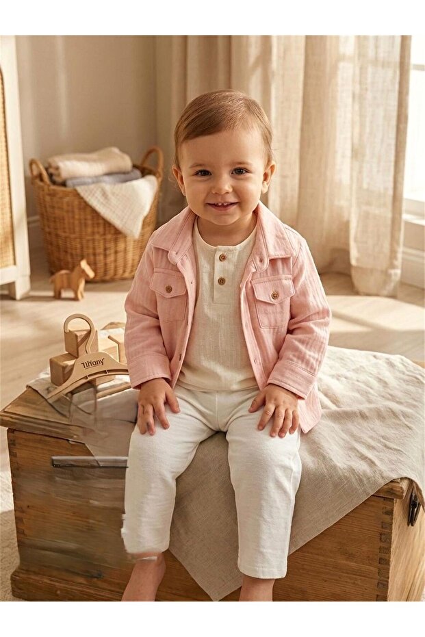 Baby Bebek Theme Buttoned Linen T-Shirt Ecru 72139