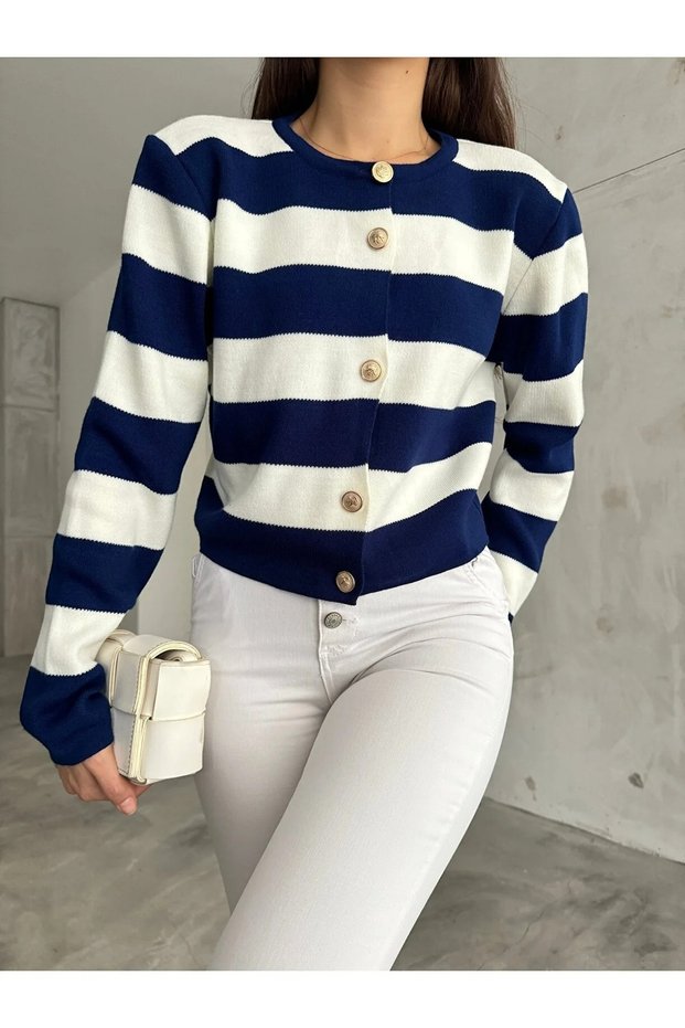 Women's Black Striped Buttoned Bohemian Knitwear Cardigan