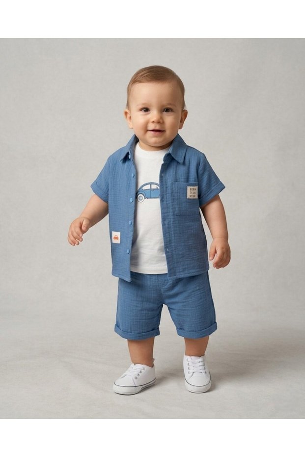 Baby Boy 3-Piece Muslin Set, Holiday Set 6-9-12-18-24 Months, 3-Piece Muslin Set with Shirt and Shorts