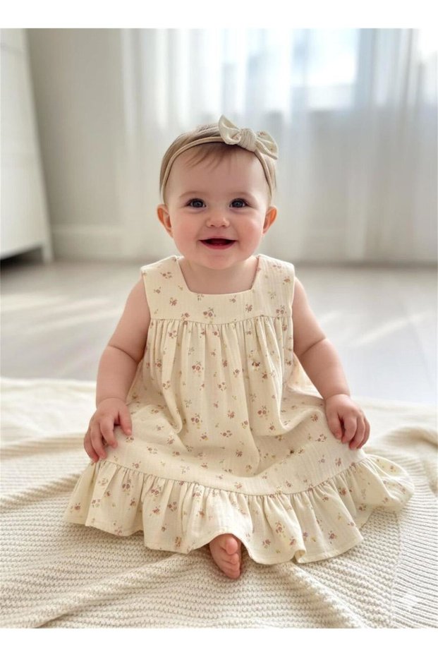 Baby Girl Rose Dream Theme Muslin Dress Cream 55086