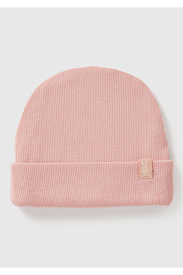 Baby powder pink logo embroidered tagged folded ribbed beanie