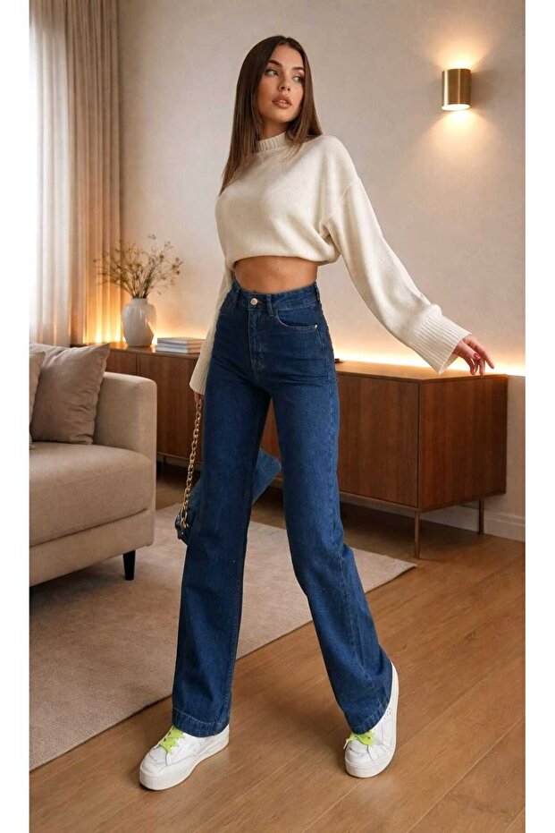 Dark Blue High Waist Lycra Palazzo Jean Trousers