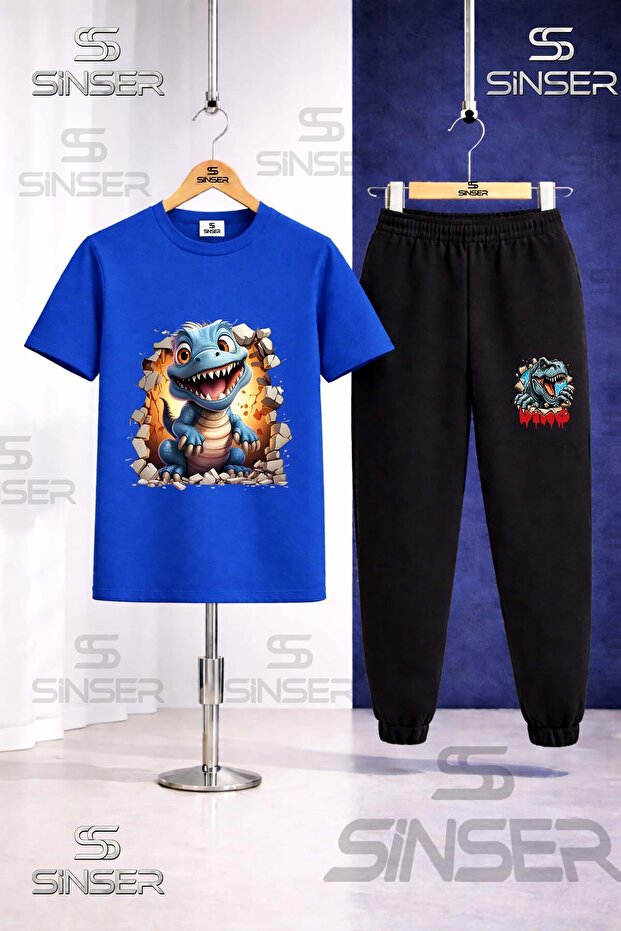 Children's Dinosaur Blue Dinosaur Printed T-Shirt Tracksuit Set