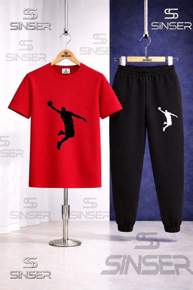 Children's Basket Man Black Printed T-Shirt Tracksuit Set