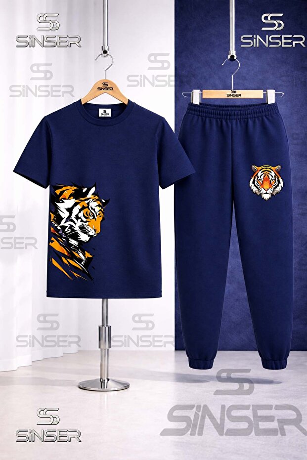 Children's Tiger Sag Looking Head Printed T-Shirt Tracksuit Set