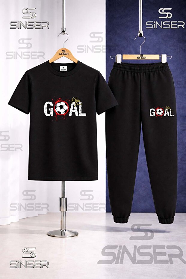 Children's Goal Stained Text Top Printed T-Shirt Tracksuit Set
