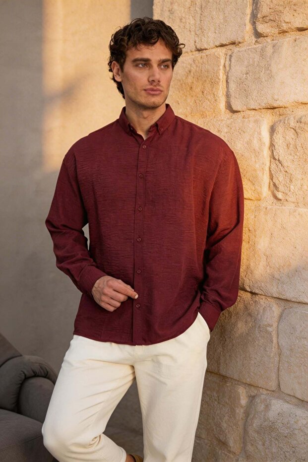 Scott – Soft Textured Half Oversize Modern Linen Look Men's Shirt - Burgundy