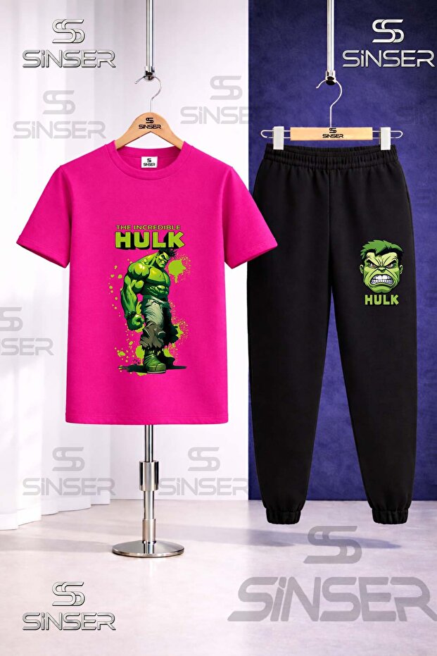 Children's Hulk Printed and Painted Single Printed T-Shirt Tracksuit Set