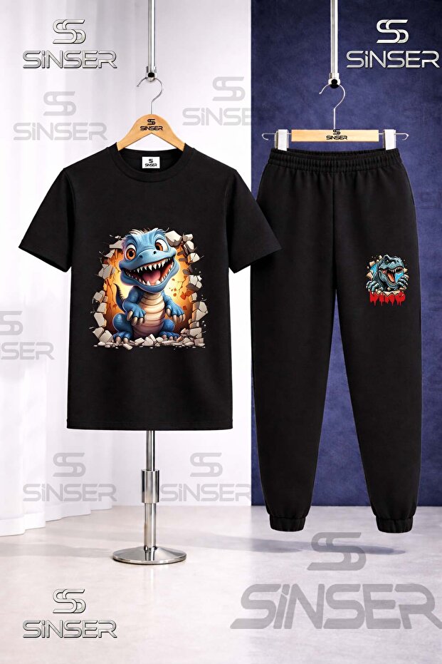 Children's Dinosaur Blue Dinosaur Printed T-Shirt Tracksuit Set