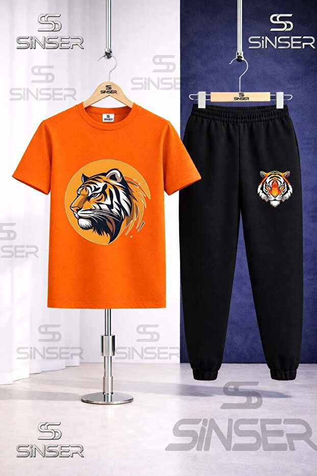 Children's Tiger Head Circle Printed T-Shirt Tracksuit Set