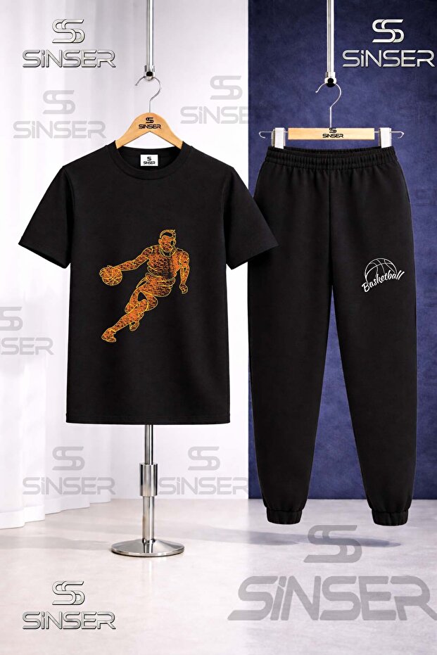 Children's Basketball Player Flame Printed T-Shirt Tracksuit Set