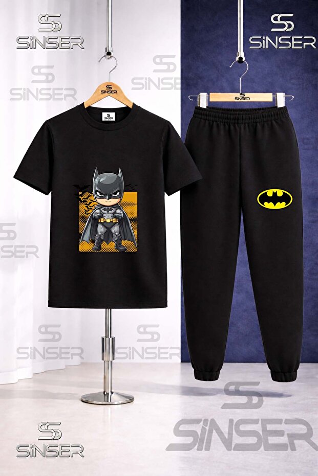 Children's Batman Kids Designed Black Printed T-Shirt Tracksuit Set