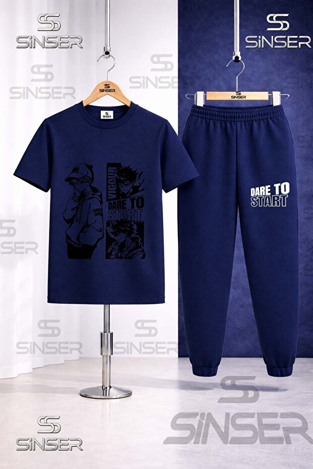 Children's Dare to Start Black Printed T-Shirt Tracksuit Set