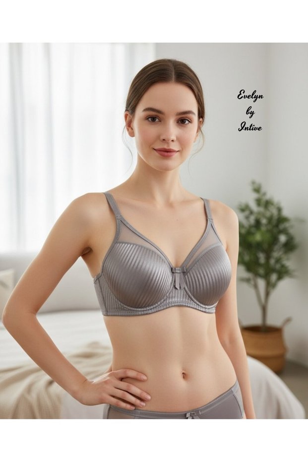 Evelyn Shiny Satin Line Detail C Cup Underwire Unpadded Stylish Bra with Tulle Detail on the Front