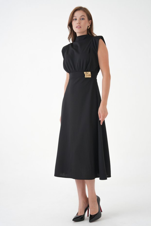 Women's Black Waist Accessory and Padding Detailed A-Line Stylish and Elegant Design Midi Evening Dress 77150