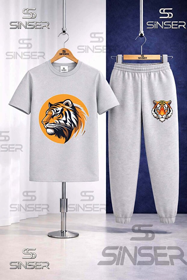 Children's Tiger Head Circle Printed T-Shirt Tracksuit Set