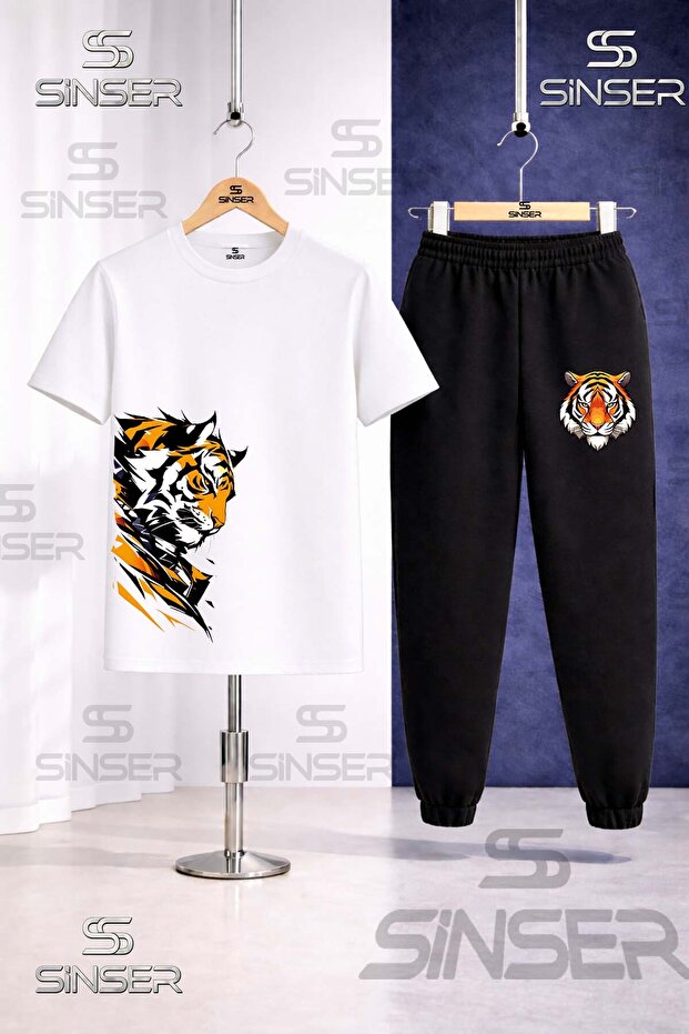 Children's Tiger Sag Looking Head Printed T-Shirt Tracksuit Set