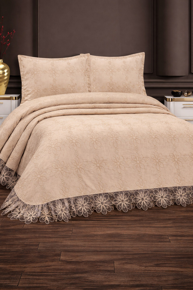 Beril French Laced Dowry Double King Size Pique Cover Set / Bedspread Set 3 Pieces
