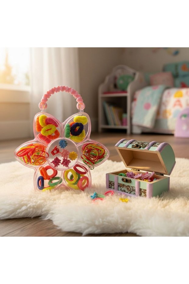 Flower-Shaped Transparent Bag Hair Accessory Set - Colorful Rubber Hair Tie and Snap Clip