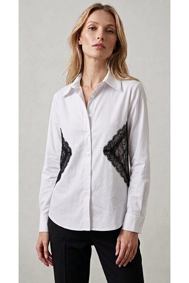 Women's White Shirt with Black Lace Detail Design Yy101409