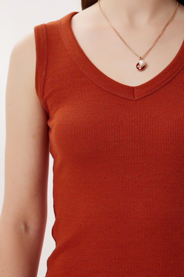 V Yaka Basic Fitilli Örme Bluz LRN0029 KİREMİT - 6