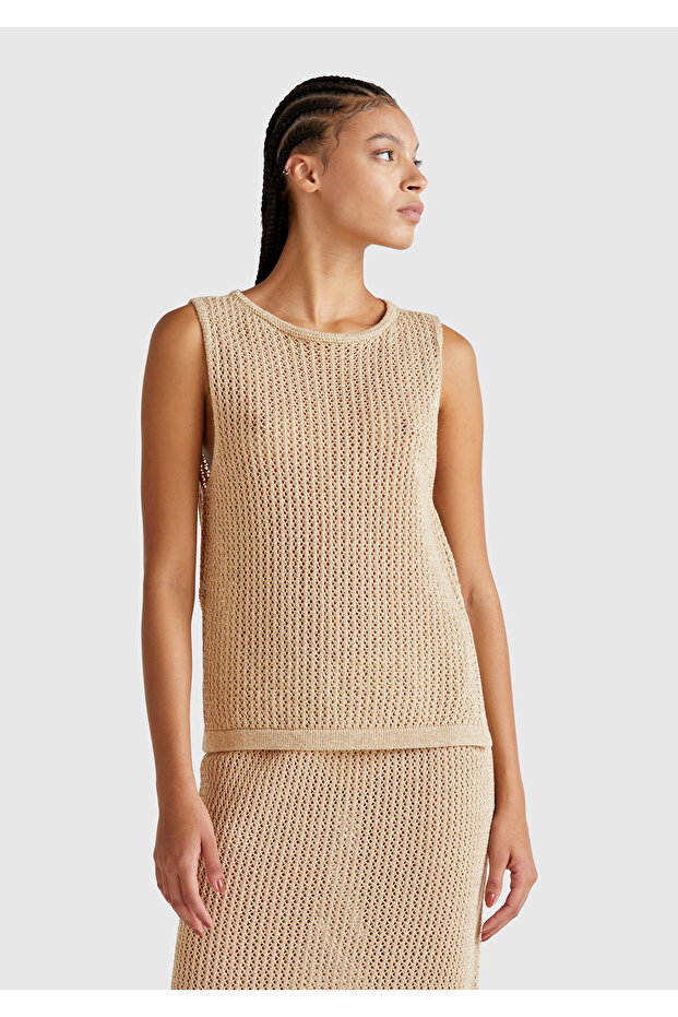 Women's Beige Cotton Blend All-Over Patterned Crew Neck Sleeveless Top
