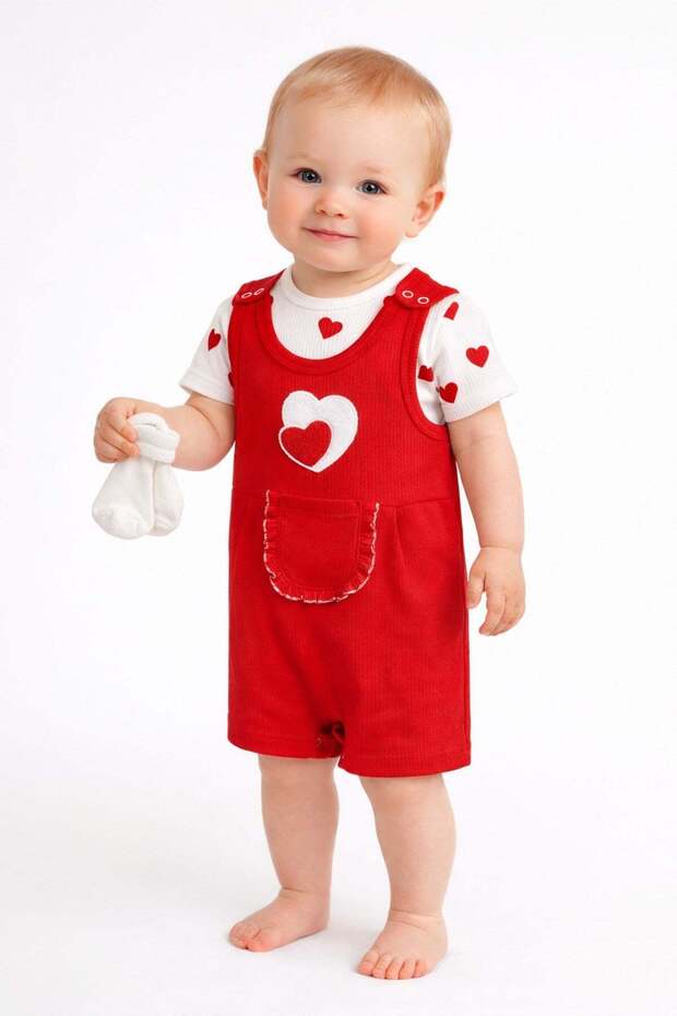 Baby Girl 3-Piece Set Heart Embroidered Ribbed Salopet Jumpsuit + Short Sleeve Snap-On Bodysuit + White Socks 3-