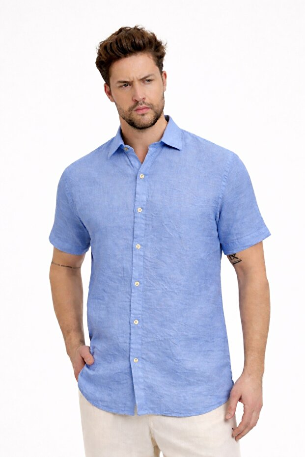Men's Shirt - Men's Linen/Linen Short Sleeve Collared Shirt-4710