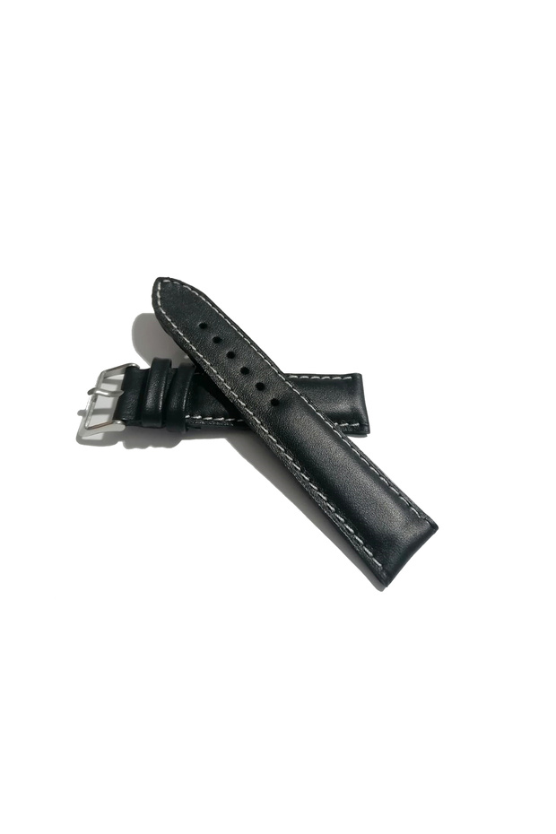 Genuine Leather Watch Band Compatible with Every Hour Black with White Stitching 18 mm (485)