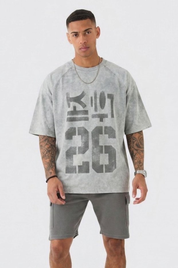 Men's Oversize T-Shirt Code 26 Printed Gray Washed – Premium Vintage Special Fabric