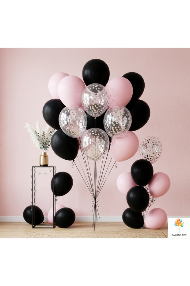 Black Pink Balloon Set 20-Piece Silver Confetti Transparent Balloon Party Decoration