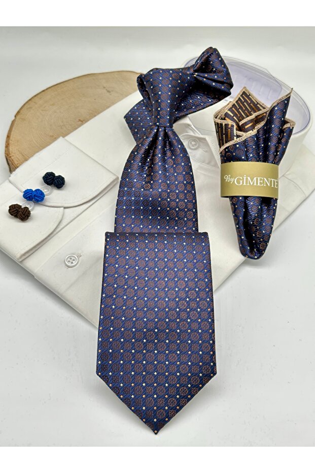 Brown Patterned Classic Tie with Handkerchief