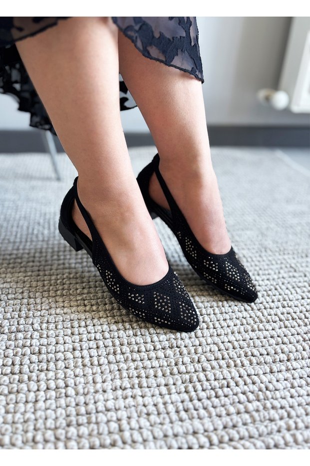 Women's Dolly Black Suede Stone Detailed Casual Ballerinas