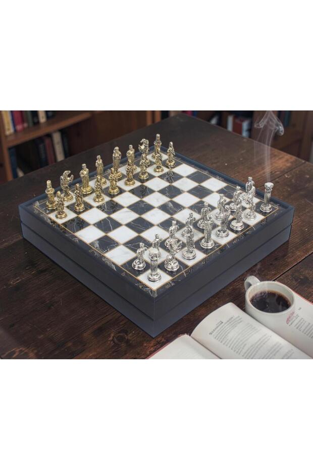 Ottoman Byzantine Themed Luxury Metal Chess Set with Gold Chrome Storage Box 20 cm Decorative Premium Set