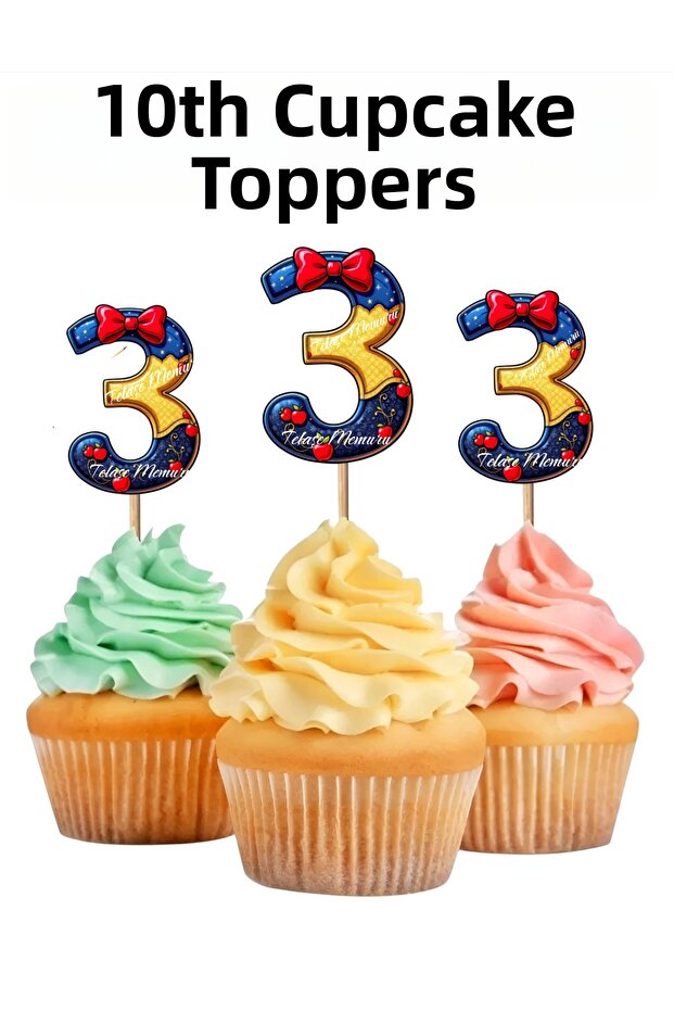 Snow White Themed 3 (Three) Years Old Cupcake Decoration 10-Piece Paper Printing
