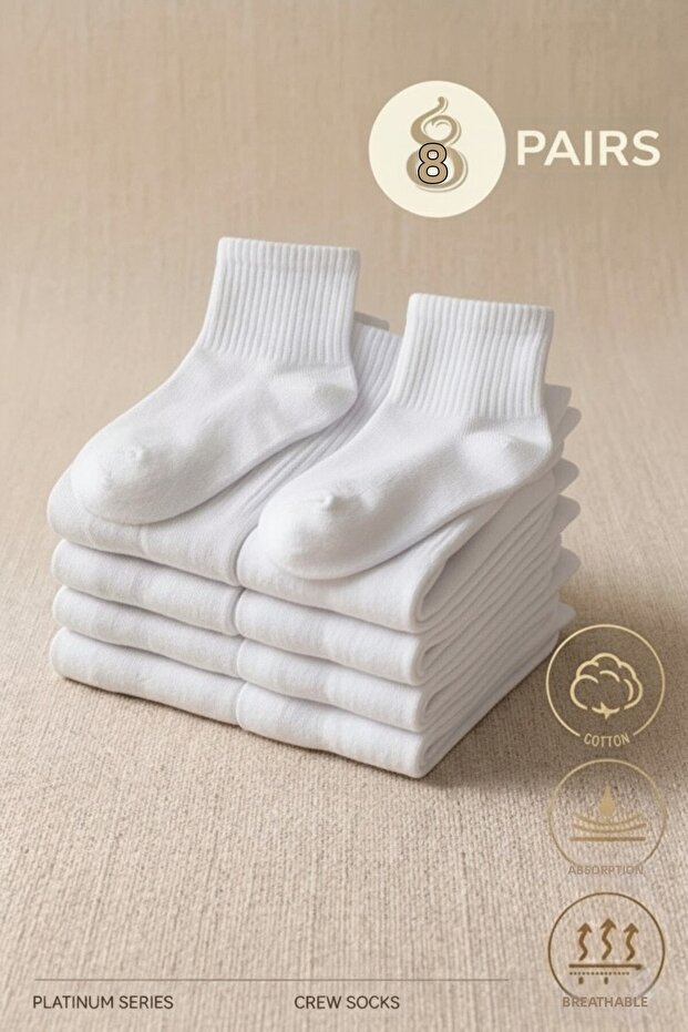 8 Pairs of Unisex Cotton Plain White College Socks