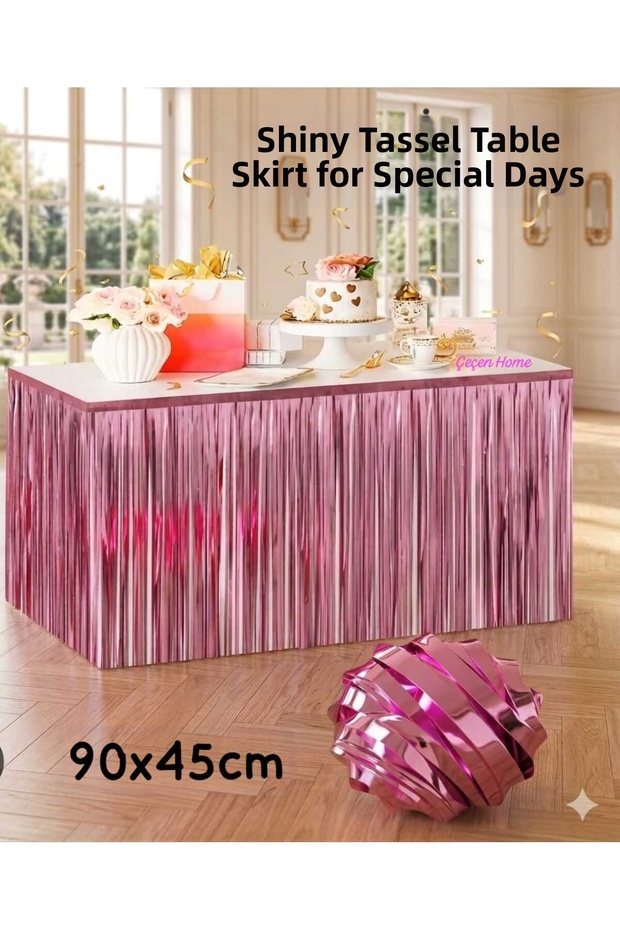 Sparkling Table Skirt with Pink Tassels for Party/Birthday (Dimensions: 45X90Cm, Tassel Length: 60cm)