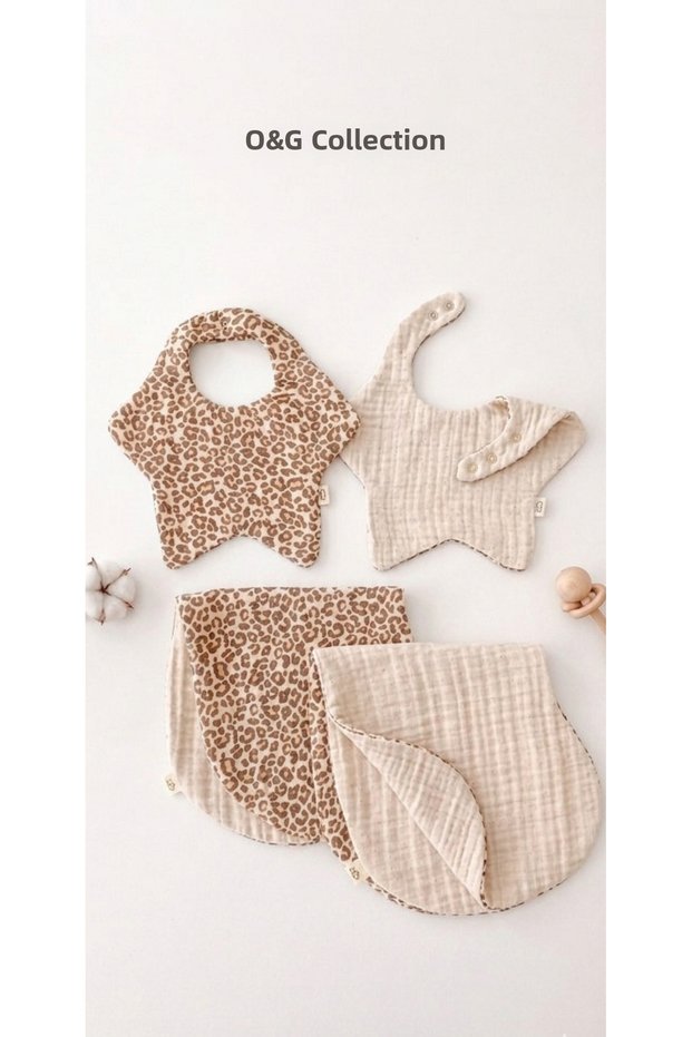 4-Piece Leopard Star 100% Cotton 8-Layer Muslin Baby Drool Bib and Shoulder Cover Set/Nickel Free Snap Fastener