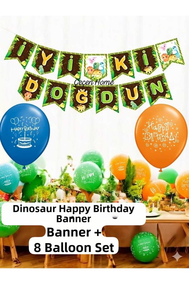 Dinosaur Happy Birthday Sign + 8 Colorful Birthday Balloons Set, Birthday Sign with String-190Cm