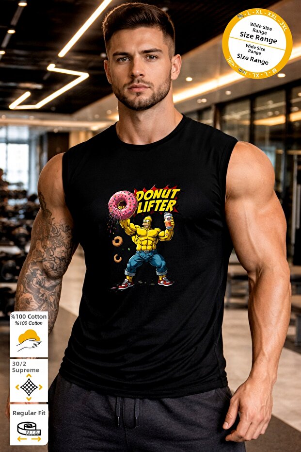 Black Donut Lifter Printed Crew Neck Sports Athlete's Undershirt Premium Thick Cotton Single Jersey Fabric Men's