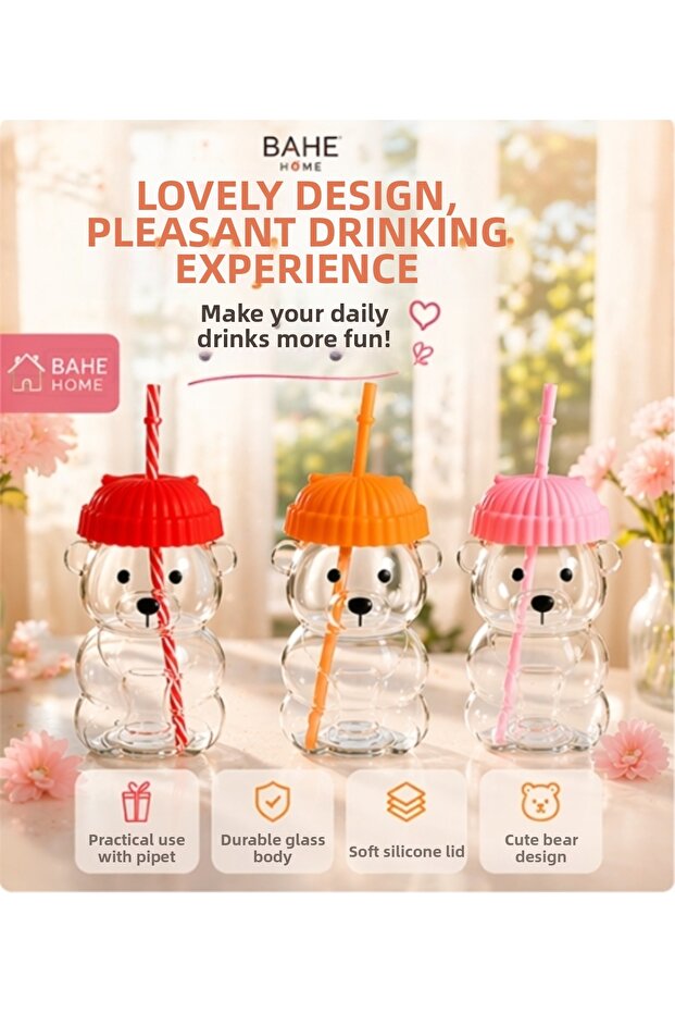 Cute Teddy Bear Glass Cup with Straw and Lid Kawaii Smoothie Juice Cup Gift 1Pc