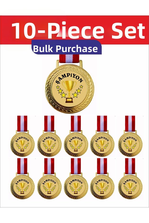 10Pcs Champion Medals – Award Set with Gold Color Ribbons, Competition and Event Medal