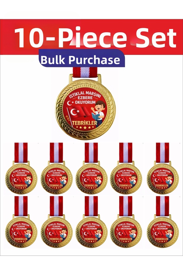 10 Pieces of the Istiklal Anthem I Read Aloud Medal - School Award Set with Gold Color Ribbons