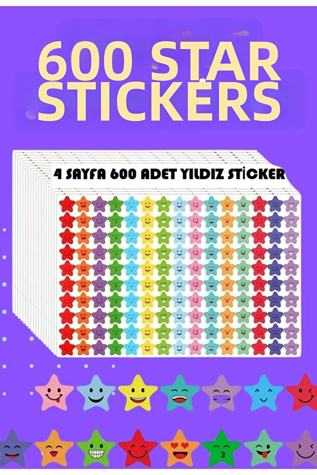 Star Sticker Removal Set, 600 Pieces, 4 Sheets of School Greeting Stickers, Teacher Student Gift