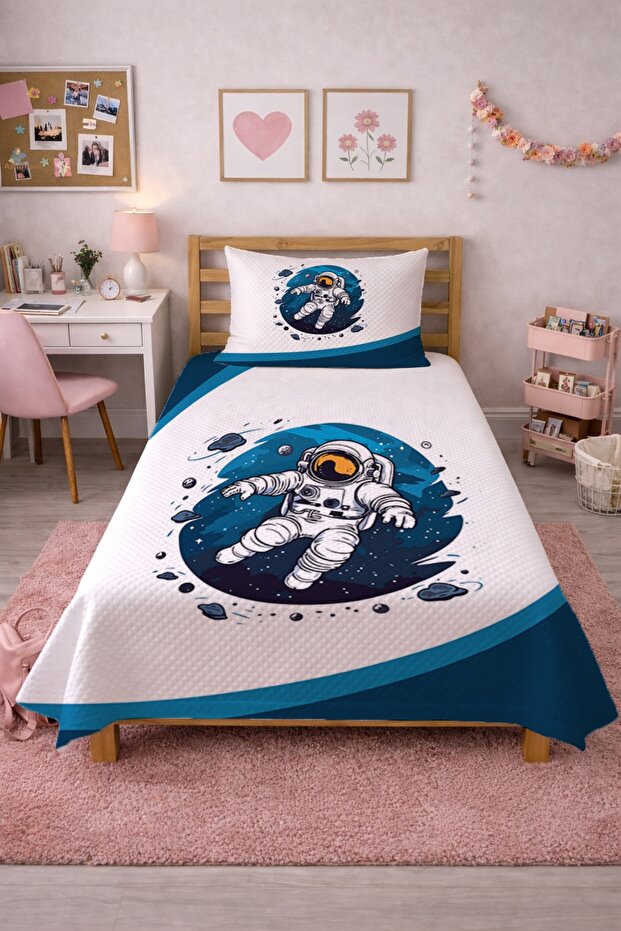 Astronaut Space Themed Teen Pique Set - Cosmic Galaxy Modern Blue and White Decorative Bedspread