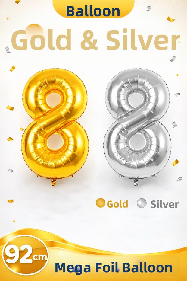 Foil Balloon Number 8 Helium Balloon 97 cm Silver Color - 8 Years Old Balloon - 8 Years Old Balloon - Number 8 Balloon