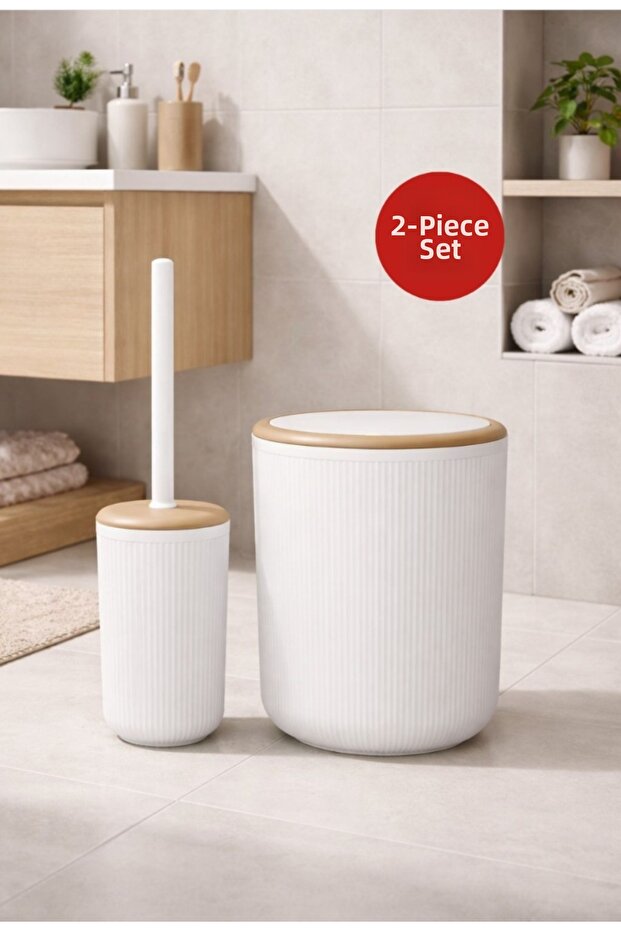 Linea Due Off-White Striped Round 2-Piece Toilet Bowl and Brush Set