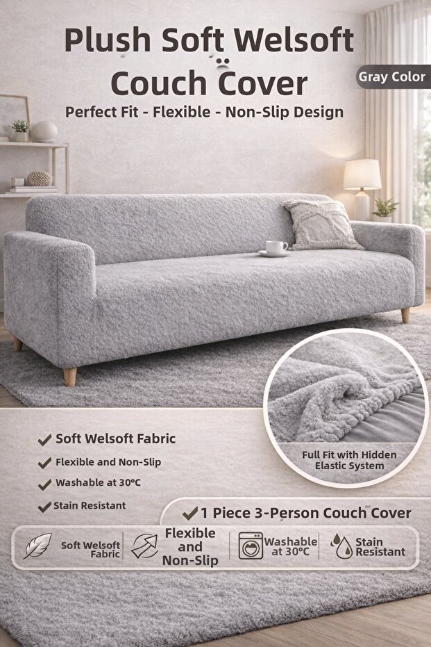 Extra Soft Welsoft Fleece Elastic 3-Seater Sofa Cover Non-Slip,Stretchy,Washable sofa cover